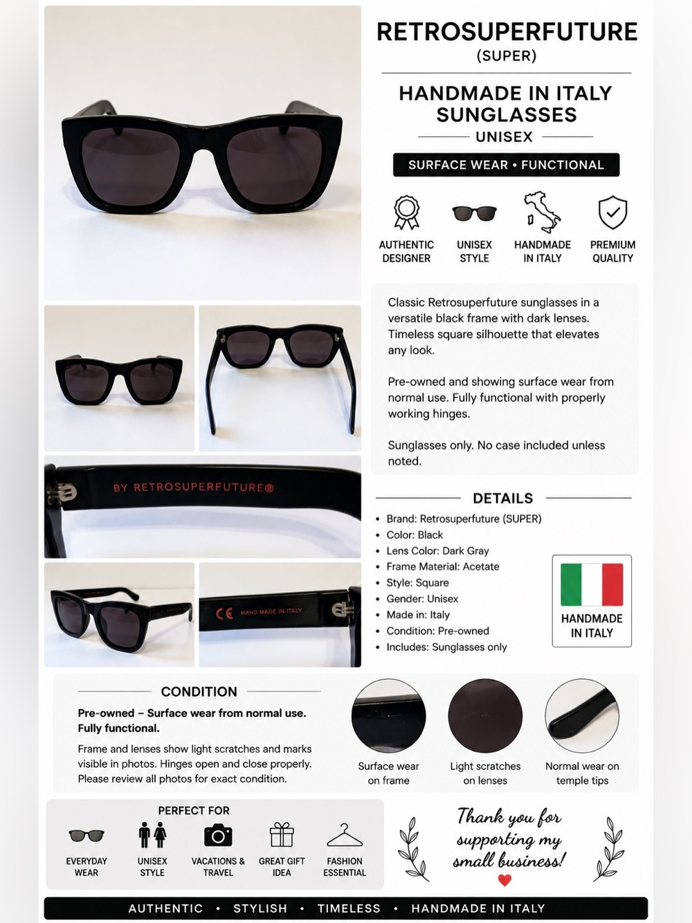 Retrosuperfuture Black Handmade in Italy Sunglasses Unisex Surface Wear Function